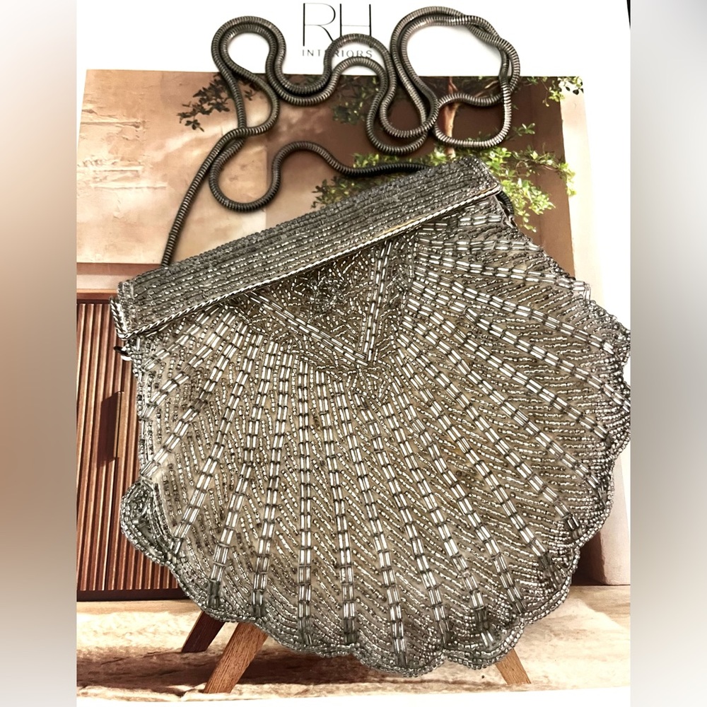 WALBORG Vintage Beaded Hinged Silver Evening Handbag